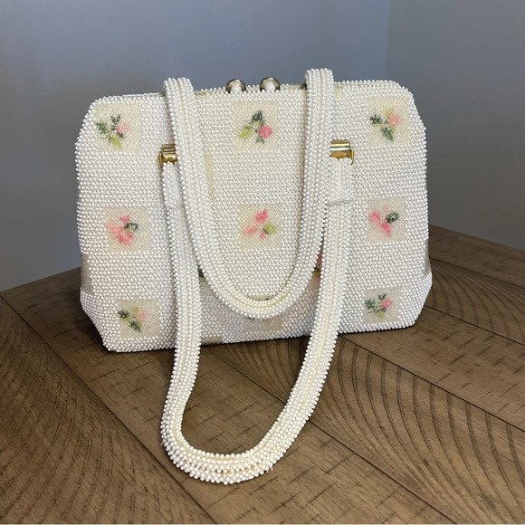 Vintage 1950’s Lumured Floral beaded handbag with Mirror Clutch shoulder purse - Picture 5 of 16